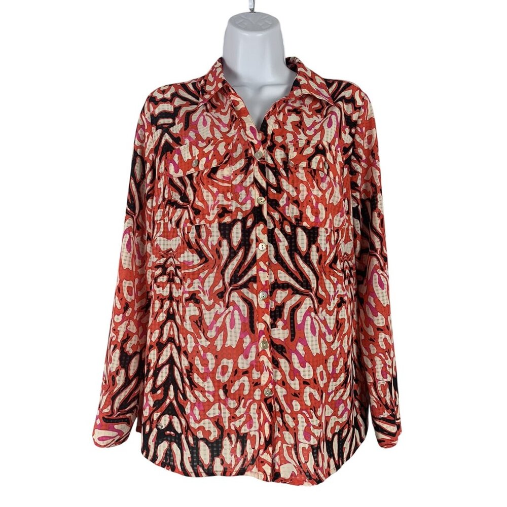 Womens Button-Up Blouse Long Sleeve Animal Print Polyester Red Black Size Small - Picture 1 of 12